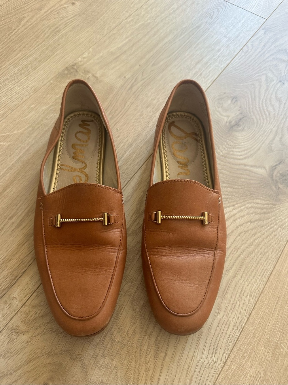 Sam Edelman Tan Leather Slip-On Loafers with Gold Accent